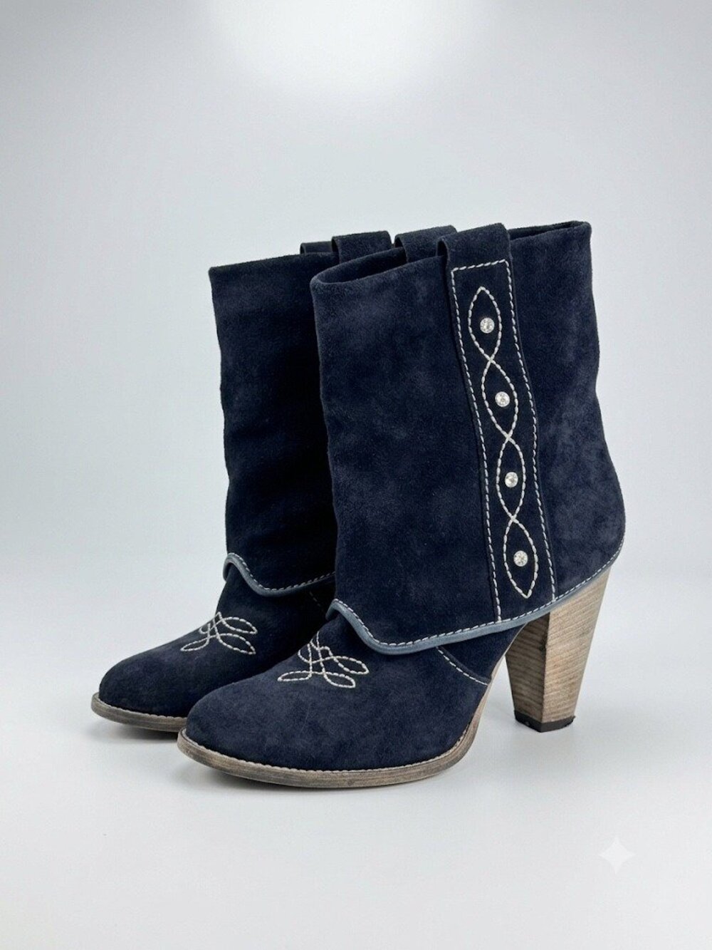 Vera Gomma Western Boots Navy Blue Suede Rhinestone Italy 40 8.5 9 US Cowgirl